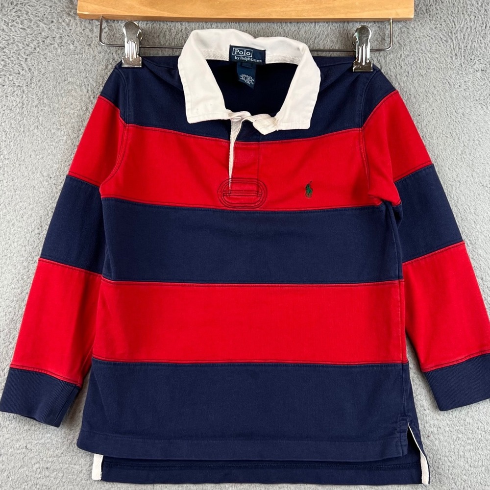 Polo Ralph Lauren Kids Rugby Shirt Size 6 Navy Blue Red Striped Long Sleeve Pony